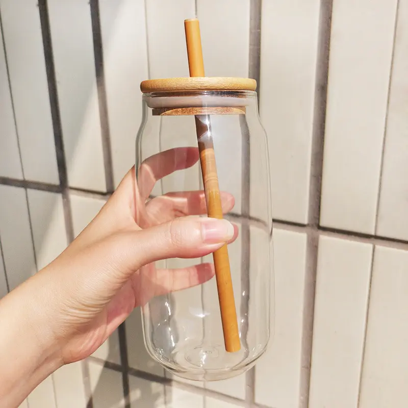 Garrafa de vidro, xícaras de café, garrafa de vidro para água potável, 500ml, garrafa de suco de vidro com tampa de bambu e canudo