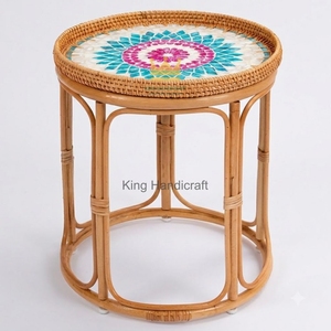 Handcrafted Natural Bamboo Rattan Side <b>Table</b> Mother of Pearl Inlay Minimalist <b>Round</b> <b>Bedside</b> Coffee Accent <b>Table</b> Cheap Price - Product Image 2