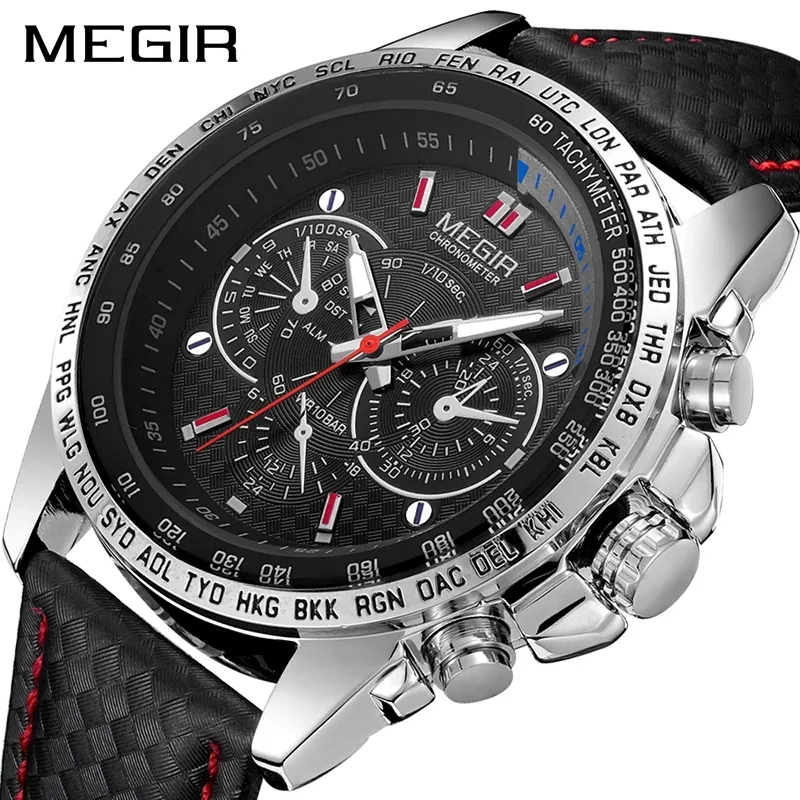 MEGIR 1010 Men Quartz Watch Top Brand Chronograph Wristwatch Sports Watches Luminous Leather Waterproof Clock