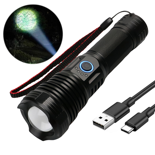 P90 White Laser LED USB Rechargeable Long Range Zoom High Power LED High Lumen Flashlight 100000 Lumens Waterproof