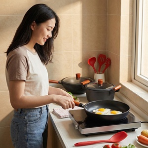 Ensemble de <span class=keywords><strong>casseroles</strong></span> et poêles en fer noir, 5 pièces, avec couvercle en verre, wok, faitout et poêle à frire, manche en bois, pour la cuisine - Product Image 6
