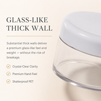 Pot à crème éco-responsable en PET à paroi épaisse 30g et PCR 50g, finition givrée bombée, contenant minimaliste, personnalisable avec étiquette privée, pot en plastique.