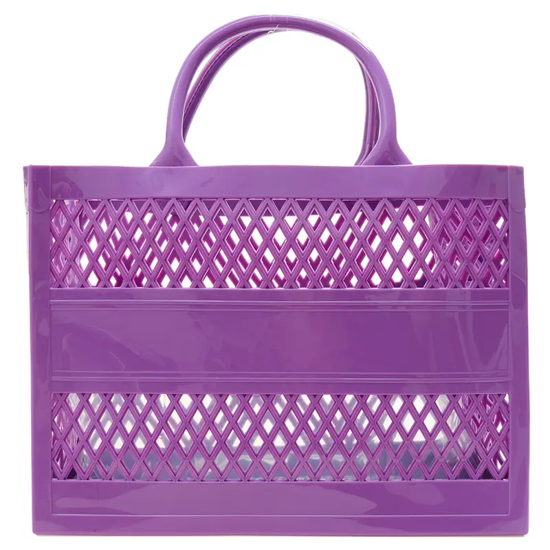 Summer Candy Color Cute Hollow Jelly Shopping Handbag Sac à main personnalisé en plastique PVC Storage Beach Tote Portable Basket Bag