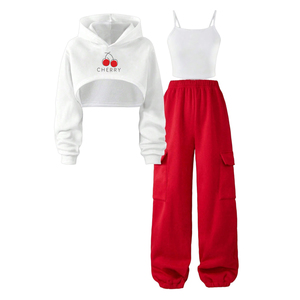 Ensemble 3 pièces pour <span class=keywords><strong>fille</strong></span> préadolescente, sweat à capuche court thermique imprimé lettres cerises, haut de camisole uni et <span class=keywords><strong>pantalon</strong></span> <span class=keywords><strong>cargo</strong></span> jogger, vêtements pour filles de 8, 9, 10, 11, <span class=keywords><strong>12</strong></span> <span class=keywords><strong>ans</strong></span> - Product Image 4