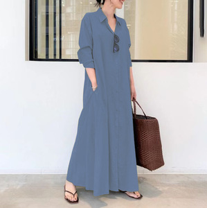 Vestido Camisero Largo Informal y Holgado de Color Sólido con Solapa y Manga Larga <span class=keywords><strong>para</strong></span> Mujer con Bolsillo - Product Image 3