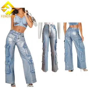 2024 New Design Hot Stamping Women's Denim Pants Stretch Loose Wide Leg Pants Trendy Multi Pocket Cargo Jeans