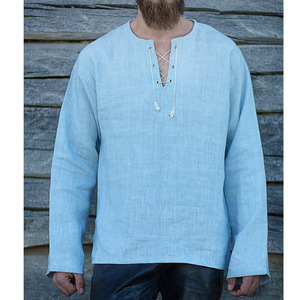 Camiseta de lino de algodón de manga larga con cuello en V holgada de Color sólido AliExpress de estilo chino para hombres - Product Image 2