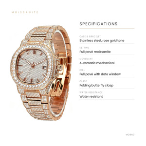 Montre mécanique étanche de luxe pour homme, style sport et affaires, cadran ovale, entièrement sertie de diamants Moissanite, en acier inoxydable - Product Image 4