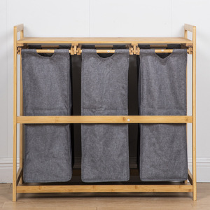 Clothing Organizer Bamboo Frame Gray Three Bin <b>Laundry</b> Sorter For Bathroom Bedroom <b>Standing</b> Type Rectangle Shape - Product Image 3