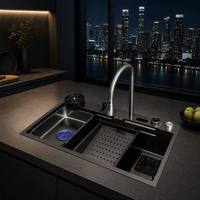 Évier de cuisine Maite moderne intelligent en acier inoxydable, fait main, à cuve unique, multifonctionnel, à poser sur comptoir, avec robinet et rince-verre