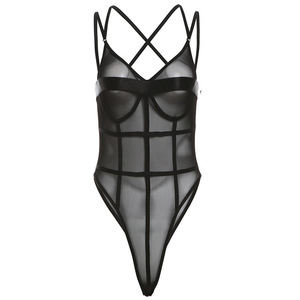 2024 printemps nouveau Style fille chaude Sexy col en V transparent noir sans manches combinaison pour les femmes - Product Image 6