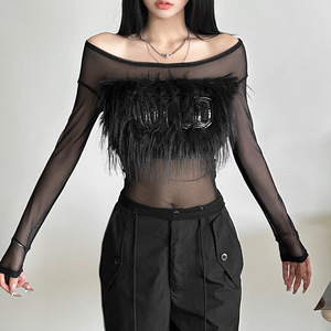 Long Sleeved <strong>Patchwork</strong> Mesh See Through <strong>Tops</strong> for Women - Product Image 4