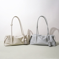 Nouvelle Collection Sac Bowling en Cuir de Vachette de Haute Qualité, Sac à Main de Luxe Designer en Cuir Véritable, Sac Fourre-tout à Bandoulière avec Pompon