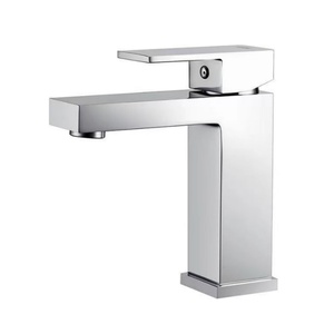 Grifo de Lavabo Cuadrado de Acero Inoxidable de un Solo Orificio, Estilo Contemporáneo, con Acabado Cepillado, Válvula de Cerámica, Función de Medición - Product Image 1