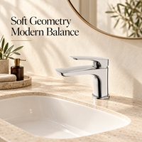 Robinet de lavabo Chrome Soft Geometry à levier unique, à montage sur plan, avec bec courbé, pour lavabo encastré sous plan, mitigeur de lavabo de salle de bain