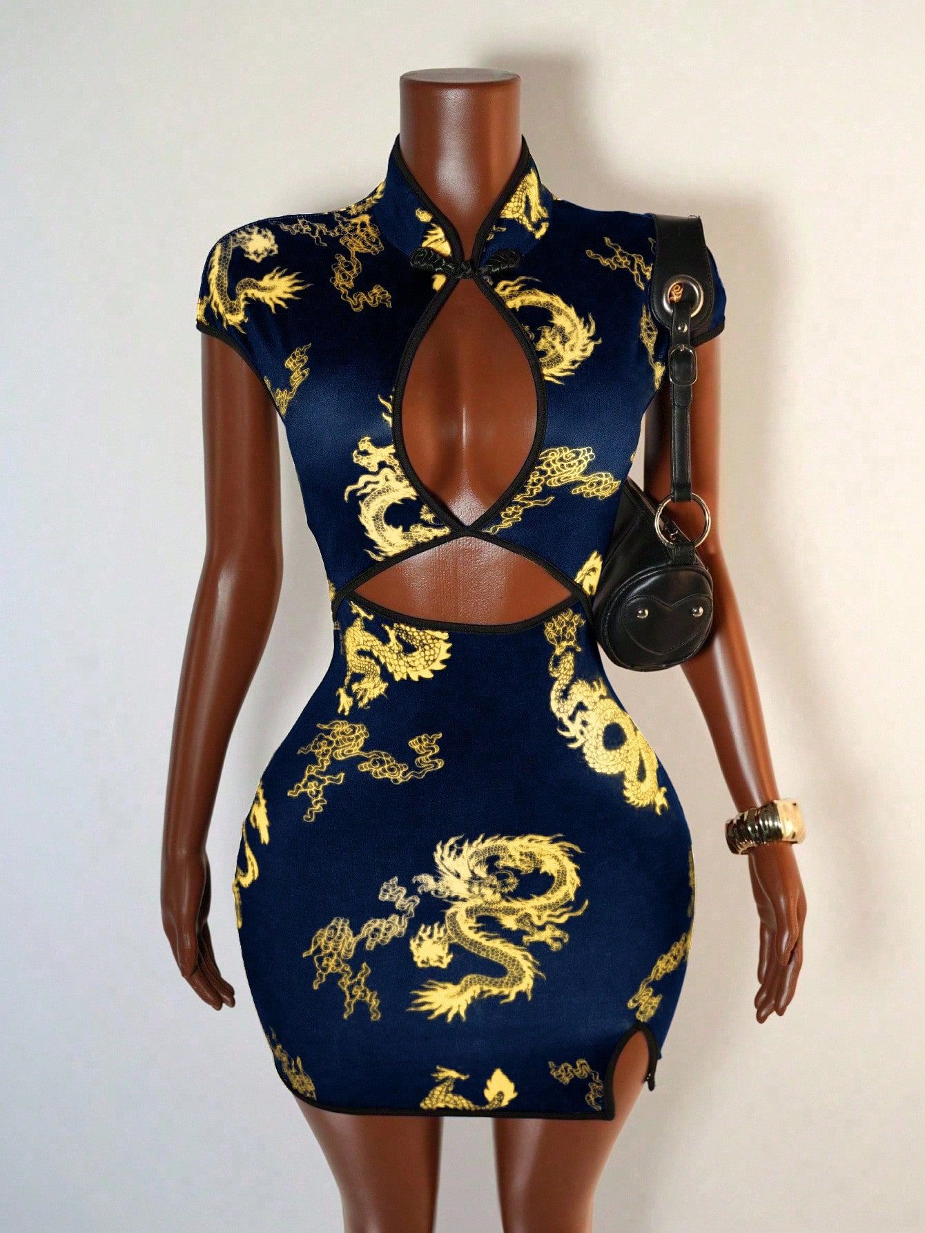 dragon print bodycon dress ZAFUL Dragon Print Oriental Slit Lace Up Midi Dress In BLACK