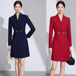 Women's Double Breasted <b>Wool</b> Blend Coat Red Navy Professional Workwear Office Outfit Medium Thickness Anti Wrinkle Solid Color - Product Image 1