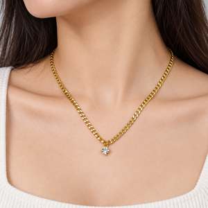 Collier à maillons en zircon unique en acier inoxydable plaqué or 14 carats sous vide avec pendentif rond en pierre - Product Image 4
