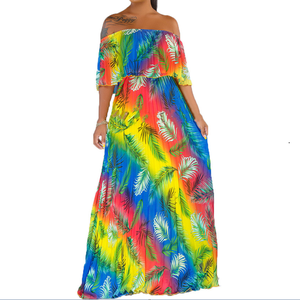 Abito Lungo Estivo in Chiffon con Stampa <span class=keywords><strong>Arcobaleno</strong></span>, Scollo a Barca, Volant e Pieghe, Elegante Stile Boho per Spiaggia e Feste - Product Image 5