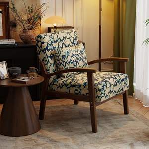 كرسي بذراعين خشبي بتصميم زهور نورديك، كرسي استرخاء مخملي بنقشة زهور تجريدية، إطار من خشب الجوز، أريكة فردية بتصميم منتصف القرن - Product Image 5