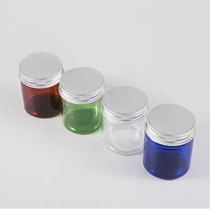 <b>Blue</b> Green Amber Plastic Cosmetic Jars With Aluminum Screw Top Lid Cylinder Shape PET Material - Product Image 4