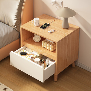 Modern Wood Nightstand Bedside Cabinet With <b>White</b> <b>Drawer</b> Open Shelf Tapered Legs <b>for</b> <b>Bedroom</b> Living Room - Product Image 1