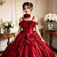 Gaun Pengantin Gothic Lolita Wanita Model Off Shoulder Motif Mawar, Gaun Merah Vintage Panjang Menyentuh Lantai untuk Pesta Prom