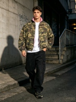 Blouson Bomber Homme Personnalisé Réversible en Toile de Coton Polaire Délavé à l'Acide avec Double Fermeture Éclair et Motif Camouflage Effet Vieilli Vintage