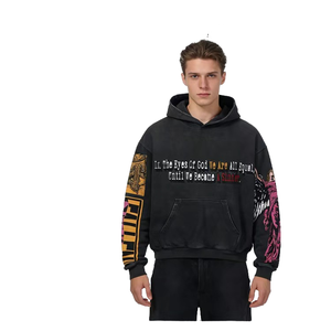 Sweat-shirt à capuche oversize pour homme, noir, en coton, style streetwear, avec poche imprimée, coupe classique, en molleton tricoté, pour l'automne - Product Image 1