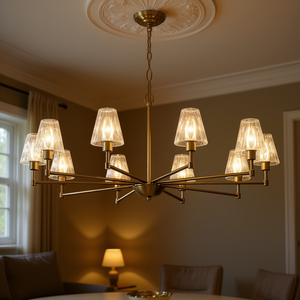 Mid Century Modern Gold 10-<b>Light</b> Pendant Chandelier <b>Glass</b> Drum <b>Shades</b> Adjustable Height For Dining Living Bedroom Use - Product Image 2