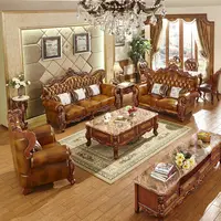 American Style Antique Solid Wood Genuine Leather Sofa Set