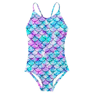 Costume da bagno intero per bambina con stampa a squame di sirena in Spandex/Nylon, tinta unita, con supporto per bambina - Product Image 6