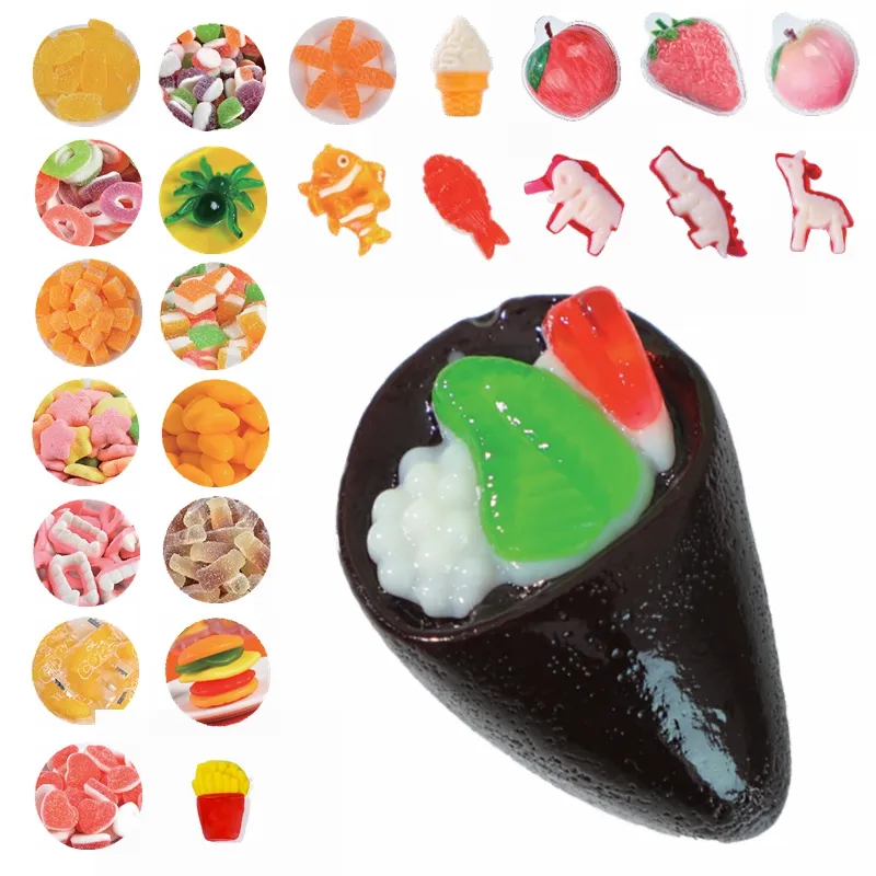 Factory Wholesale 3D Chewy Gummy Fill Japanese Sushi Gummy Candy Supplier Animal Fruit Shaped Gummy Candy Bulk