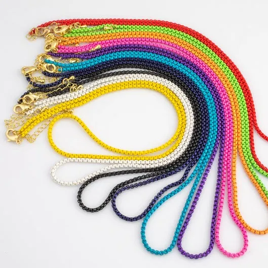 BFN016 Wholesale summer hot sales rainbow color box chain necklace 18 inch long simple brass metal enamel chain for pendants