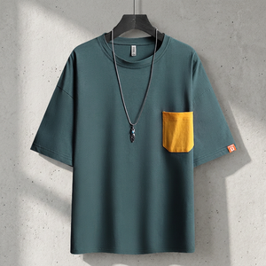T-shirt à manches courtes pour homme, couleur unie, coupe ample, avec poche jaune, col rond, en jersey de coton respirant, style décontracté - Product Image 3