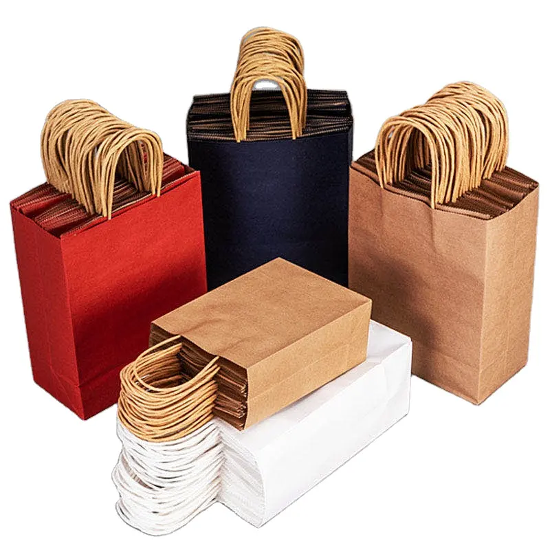 Factory Hot Sale Custom Logo Printing Portable Takeaway Food Packaging Shopping Brown Kraft Paper Bag with Twist Handle