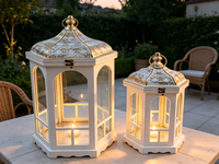 Lanterne à bougie hexagonale blanche vieillie avec dessus en métal doré antique, lanterne décorative en verre pour la décoration de la maison, des mariages et des événements