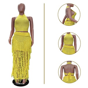 New Summer Knit <strong>Crochet</strong> Two Pieces Skirt <strong>Set</strong> With Knitted Halter Top and Tassel Long Knitted Skirt - Product Image 6