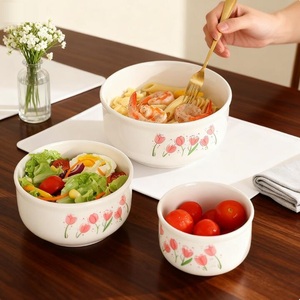Tulip Bone China Color Enamel Rice Bowl Fresh-Keeping Three-piece Gift Box Camping Classic Food Serving <b>Container</b> - Product Image 4