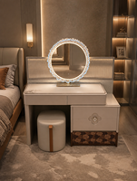 Ensemble coiffeuse avec panneau MDF haute brillance, miroir LED rond, meuble de rangement et tabouret