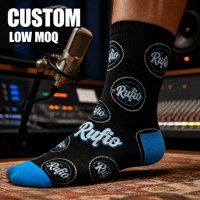 Chaussettes noires personnalisées avec logo et imprimé Rufio cyan sur le talon et la pointe pour hommes et femmes, style streetwear, vente en gros