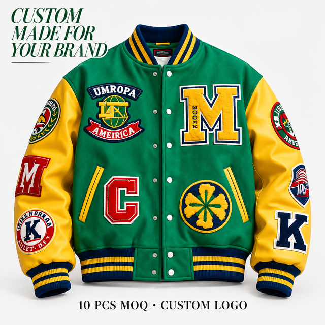 Custom Men's Green Yellow Varsity Jacket Chenille Patch Embroidery Contrast Sleeves Letterman Bomber OEM Private Label