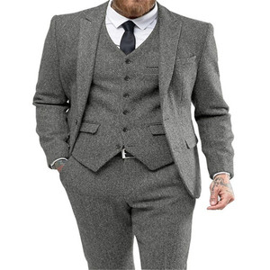 Traje de Hombre LL130 Nuevo en Tweed Gris, Corte Entallado, 3 Piezas, Traje de Novio, Traje de Boda, Blazer Personalizado <span class=keywords><strong>para</strong></span> Fiesta de Graduación, Terno Masculino, Chaqueta+Pantalón+Chaleco - Product Image 1