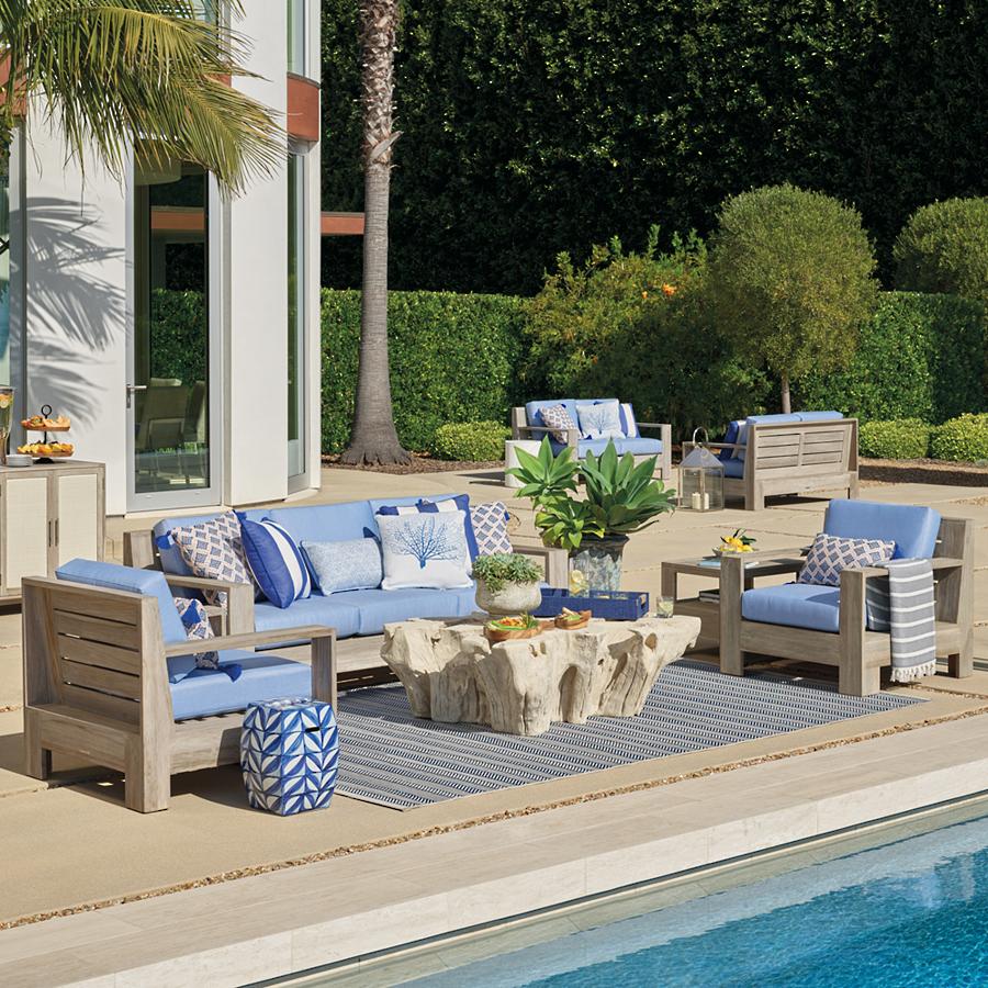 Waterproof modern weathered wooden sofa set home and garden teak furniture outdoor with cushion