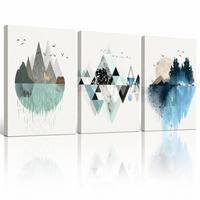 Set Seni Dinding Pemandangan Gunung Geometris 3 Buah, Cetakan Kanvas Abstrak Refleksi, Dekorasi Rusa dan Burung Minimalis untuk Ruang Tamu