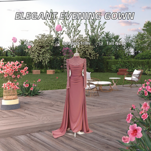 Vestido de Noche con Cuello Alto, Conjunto de Dos Piezas Desmontable de Manga Larga, Estilo Musulmán Islámico, Elegante y Natural con Cuentas - Product Image 2