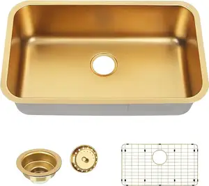 Lavello da cucina in oro installato sotto il piano di lavoro, lavello lussuoso, lavello da cucina in acciaio inox nano fatto a mano