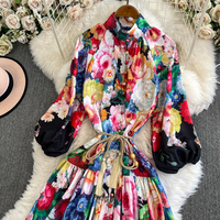 Robe longue décontractée pour femme, élégante, à imprimé floral, col montant, manches lanternes, coupe trapèze, avec ceinture à pompons à la taille, pour le quotidien et les vacances