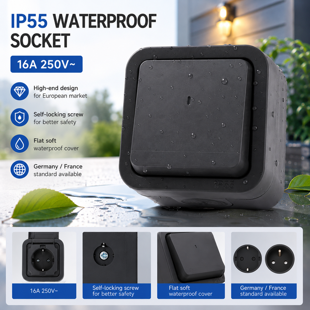Professional IP55 Waterproof Switch Outdoor Light Switch German Schuko Standard With LED Indicator for Garden Garage Grey