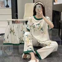 Pyjama d'été pour femmes, ensemble 3 pièces, pantalon à manches courtes, vêtements de maison, pyjama décontracté à motifs de dessins animés, pyjama en soie de lait douce et fraîche